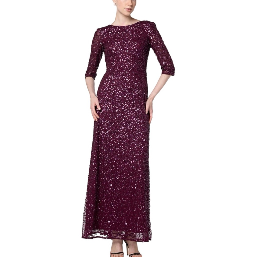 NWT Adrianna Papell Burgundy 3/4 Sleeve Formal Sequin Gown Size 8 $329 MSRP